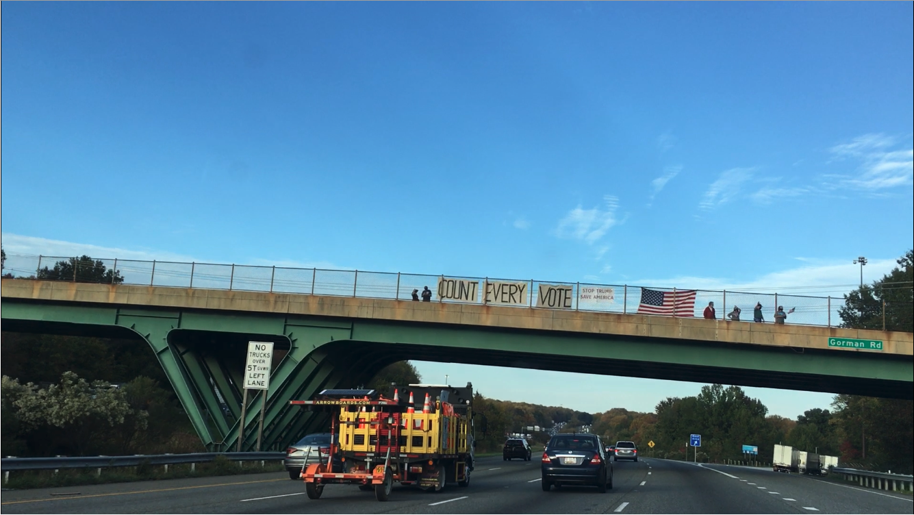 COUNT EVERY VOTE banner on I95 Gorman Road Overpass, Laurel, Maryland,USA